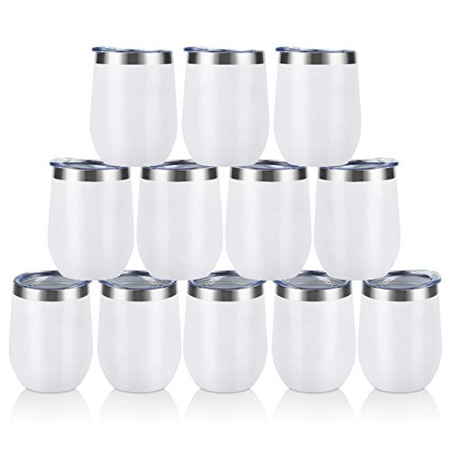 12 Pack Stainless Steel Wine Tumblers, 12Oz Double Wall Vacuum Insulated Wine Tumblers with Lids and Straws, Stainless Steel Stemless Wine Glasses for Coffee, Wine, Cocktails, Champaign, White…