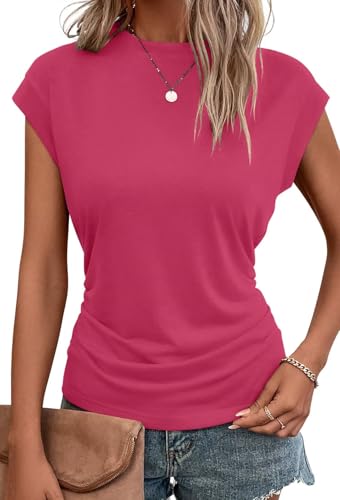 Bliwov Womens Fall Cap Sleeve Tops Business Casual Crewneck T Shirts Trendy Outfits Beach Vacation Clothes Fashion Blouses S Hot Pink