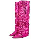 HoanTiai Women's Slouchy Ruched Wedge Boots Metallic Fold Over Knee High Boots Glitter Pull On Tall Boot Covered Wedges Boot Fashion Party Dancing Shoes