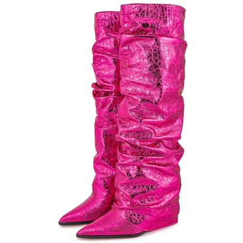 HoanTiai Women's Slouchy Ruched Wedge Boots Metallic Fold Over Knee High Boots Glitter Pull On Tall Boot Covered Wedges Boot Fashion Party Dancing Shoes by HoanTiai - Used condition - US$43.47