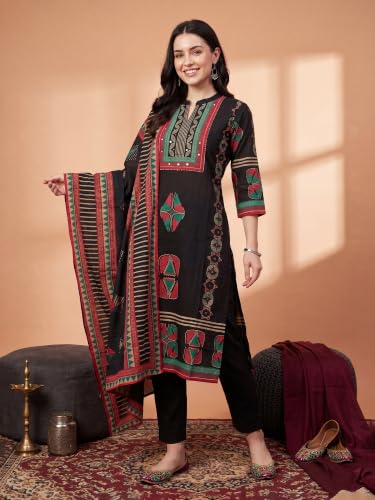 Image of INDO ERA Women's Pure Cotton Abstract Printed Mirror Work Kurta & Pant with Dupatta Set (IEAI13205)|Cotton Suits For Women With Dupatta