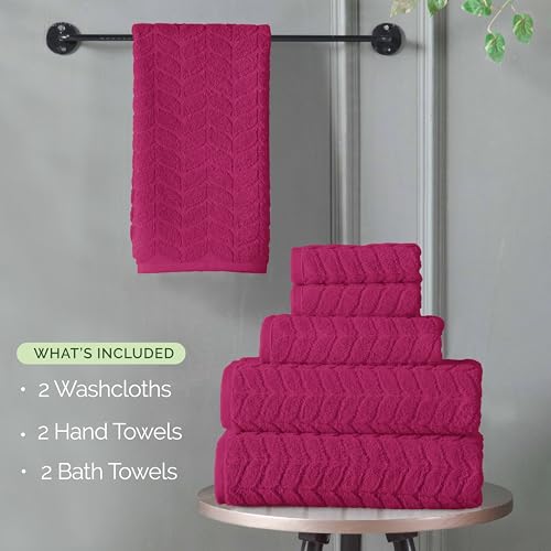 Image of Elegant Comfort Luxury 6-Piece 100% Turkish Cotton Jacquard Braided Textured Premium Hotel Quality Towel Set- Soft and Absorbent, Includes 2 Bath Towels, 2 Hand Towels and 2 Washcloths, Hot Pink