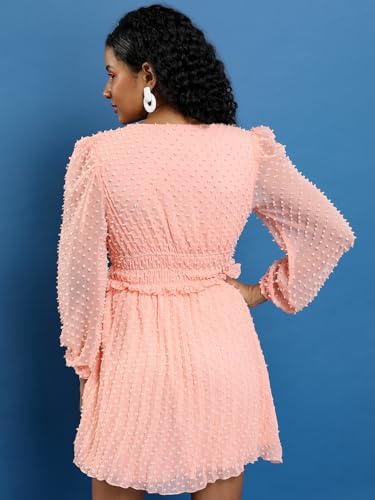 Image of Tokyo Talkies Pink Self Design V-Neck Puff Sleeve Fit Flare Above Knee Dress