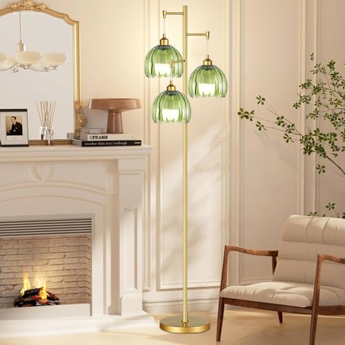 Image of ZECOXOL Gold Floor Lamps for Living Room Bedroom-3 Light Glass Floor Lamp with Three Led Bulb, Rustic Tall Floor Lamp Gold Standing Lamp Tree Floor Lamps for Living Room Bedroom,Office,Corner