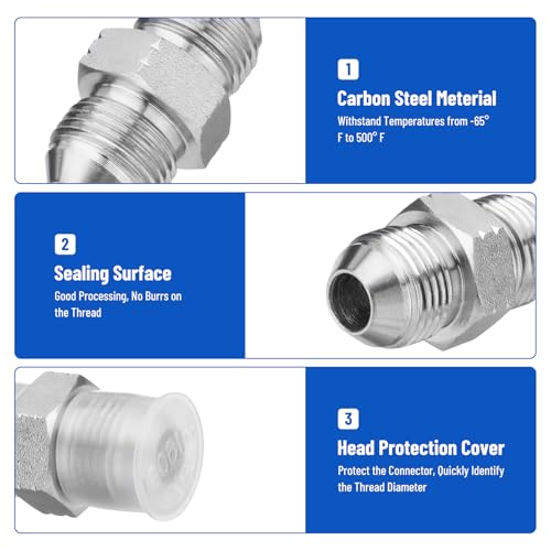 Image of 10 Pack Hydraulic Hose Adapter Fittings: 1 /2 inch JIC Male x 1 /2 inch JIC Male, Straight Tube Hydraulic Connectors with Protection Cover