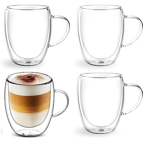 Set von 4 Isolierten Doppelwandigen Gläsern mit Griffen, 350ml Haltbare Doppelwandige Glas-Kaffeebecher Cover