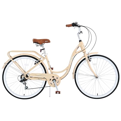 WEEROCK 24 Inch Bicycle Cruiser Bike 7 Speeds Steel Frame Cith Bike Commuter Cycle for Women, Men, Seniors, Beige