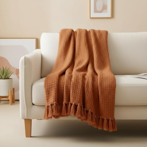 Image of 100% Cotton Waffle Weave Sofa Throw Blanket 50x60 Inches or 125x150 cms Lightweight, Soft & Breathable Couch, Bed or Chair Throw Blanket for Living or Bedroom, Orange