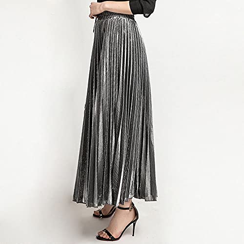 ebossy Women's Casual Elastic High Waist Metallic Pleated Long Skirt Solid Party Flowy Midi Skirt2