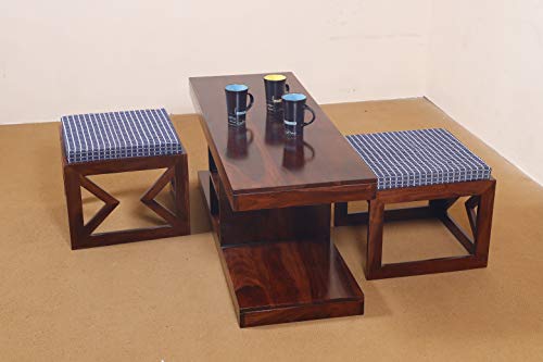 Image of Jangid Handicraft Solid Sheesham Wood Coffee Table with 2 Stool | Rectangle Sofa Centre Table with Stool | Tea Center Table with 2 Stools for Living Room | Patio Teapoy Table with Two Puffy | Mahogany