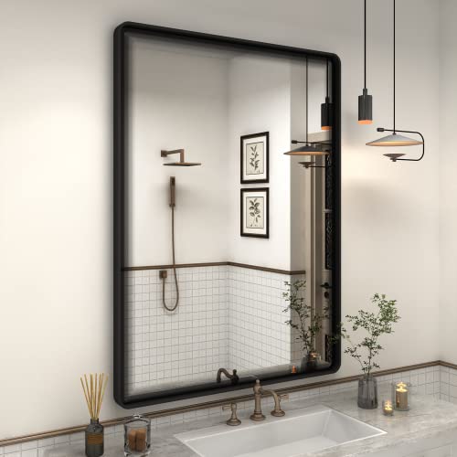 VANLIO Black Framed Mirror, 24×36 Matte Rounded Rectangle Bathroom