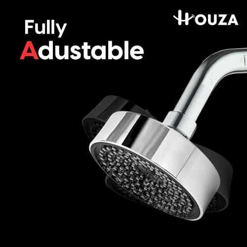 Image of HOUZA Round Shower Head for Bathroom | 4 Inch Single Flow Overhead Shower with Arm | Adjustable Bathroom Shower with Even Water Flow & Rust Resistant | Anti-Clog Silicone Nozzles for Wall Mounting