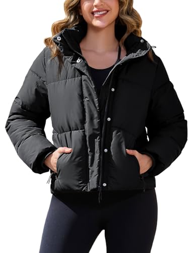 PEHMEA Women's Winter Cropped Puffer Jacket, Full Zip Thicken Short Coat with Detachable Hood