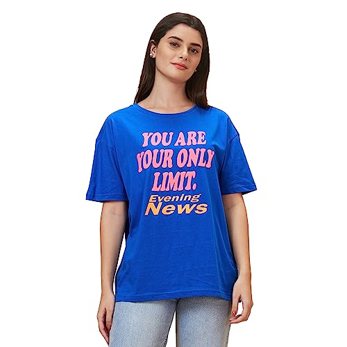 Image of Globus Women Blue Printed Round Neck Casual Boxy Fit T-shirt-3638187001