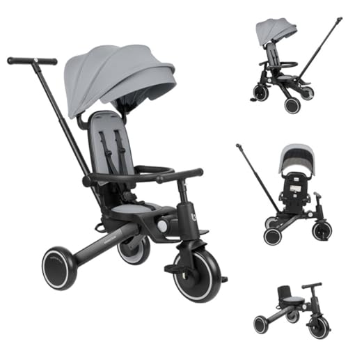 Kikkaboo Triciclo 5 en 1 Trix 2 Plegable, Respaldo Ajustable, arnés, Color:Gris