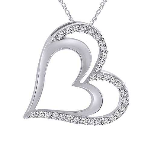 Pretty Jewels Collar de plata de ley S925 de corte redondo I-J de diamante doble corazón con colgante de amor de 45,7 cm de cadena