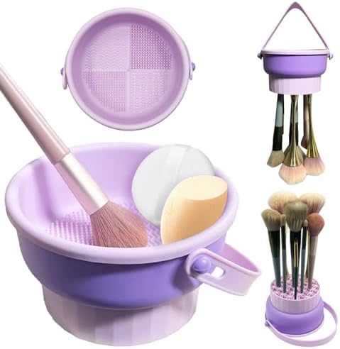 Makeup Brush Cleaner with Makeup Brush Holder, 2 in 1 Silicone Makeup Brush Cleaning Bowl, Makeup Brush Cleaner Mat Cosmetic Brush Washing Tool for Makeup Brush, Sponge, Powder Puff (Purple)