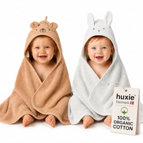 Huxie Hooded Baby Bath Towels, 100% Organic Cotton, 32"x32" 2-Pack