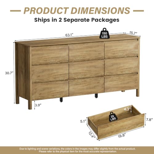 Image of Furniway 3 Piece Bedroom Set, 9 Drawer Dresser and Nightstands, Natural Oak
