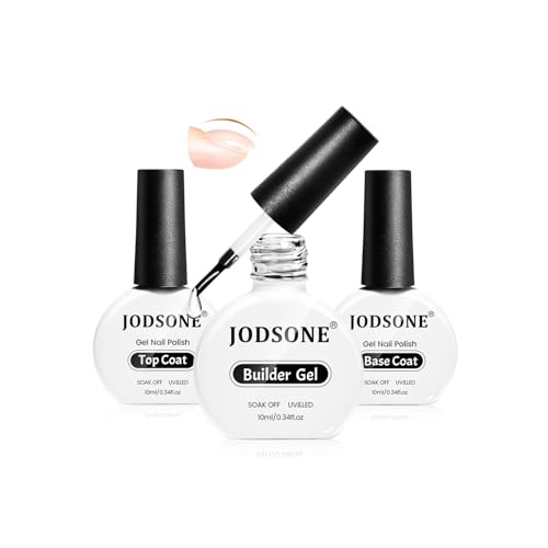 JODSONE 3Pcs 10ml Top Coat Base Coat Builder Gel Set No Wipe Gel for Strengthening Thickening and Nail Extension Requires U V Lamp Curing
