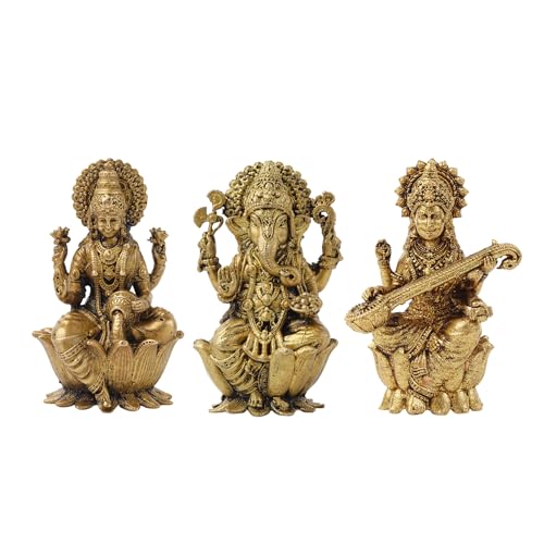 Image of Habere India-All the Cultures Fabricating India Brass Lakshmi Ganesh Saraswati Idol Set for Pooja Room | Pure Brass Lakshmi Ganesh Saraswati Murti for Home (Design07: L3 x W2 x H5 cm)