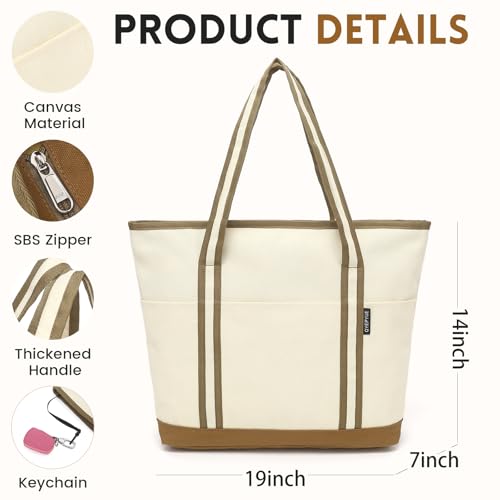 Image of Large Canvas Tote Bag for Women, Beach Bag with Zipper, Utility Tote Bag with 3 Front Pockets, Weekender Pool Bag