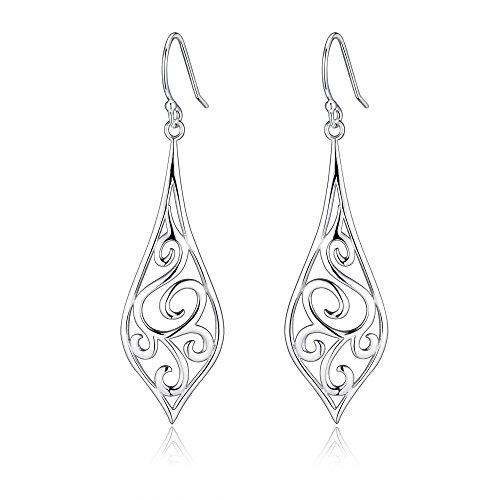 Sterling Silver Minimalist Design Of Rattan & Leaf Dangle Drop Earrings For Sensitive Ears By Renaissance Jewelry