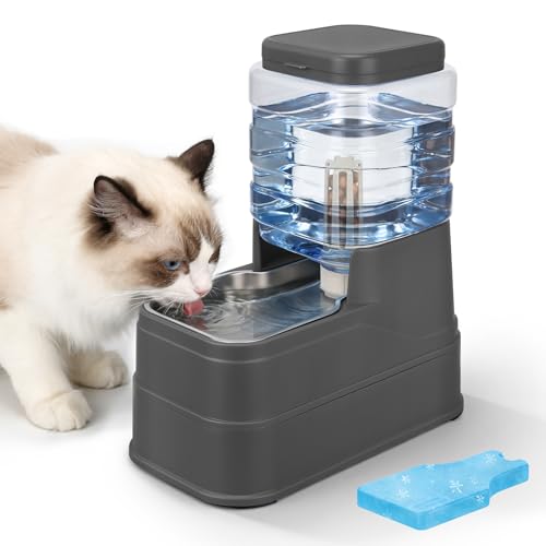 Automatic Cat Water Dispenser Gravity Stainless Steel Water Feeder Dog Waterer Feeder with Wide Mouth Bowl for Small Medium Dog Puppy Kitten (Filter &Ice Pack Included) 1Gallon Gray by MJpepark - Used condition - US$26.06