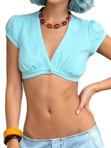 Image of Women’s Tie Up Crop Top 2026 Trendy Cute Loose Fit Cropped T Shirts Going Out Button Down Casual Tees Shirts (A-Lake Blue, S)
