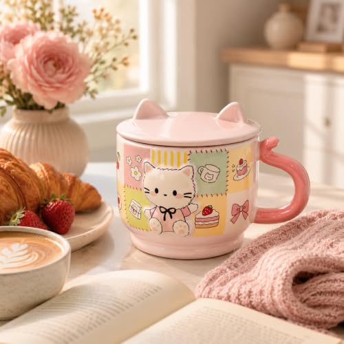 Image of Vasukie Cute Kitty Ceramic Coffee Mug with Cat Ears Lid & Tail Handle | 3D Patchwork Kitten Tea Cup for Milk, Soup, & Hot Cocoa | Kawaii Pastel Pink Drinkware Gift for Cat Lovers (Pink)