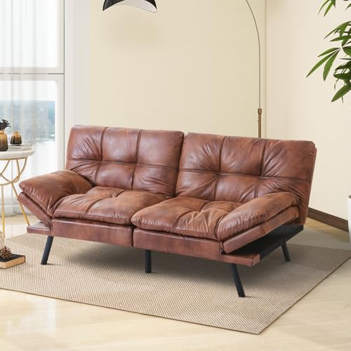 Image of Futon Sofa Bed Convertible Couch,Memory Foam Futon Sofa Couch,Sleeper Futons Sofa Couches,Small Splitback Modern Loveseat Sofa Bed for Living Room,Office,Apartment,Faux Leather,Brown.