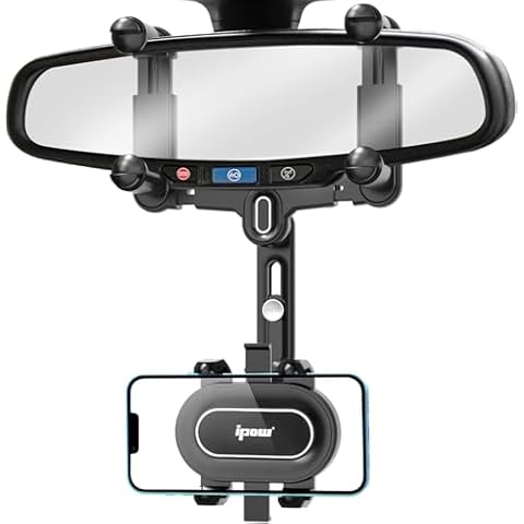 IPOW Large Rearview Mirror Phone Holder, Rotatable and Retractable, Anti-Shake Phone Mount for Car Compatible with iPhone 17/16/15/14/13/12/11 Pro Max, Samsung All 4-7 Inch Phones Cover
