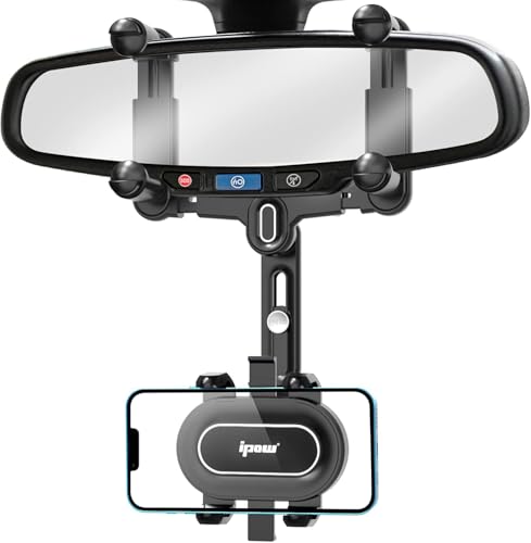 IPOW Large Rearview Mirror Phone Holder, Rotatable and Retractable, Anti-Shake Phone Mount for Car Compatible with iPhone 17/16/15/14/13/12/11 Pro Max, Samsung All 4-7 Inch Phones
