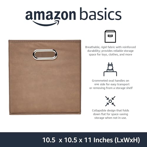 Image of Amazon Basics Collapsible Fabric Storage Bins with Handle, Sturdy Space-Saving Cube Organizer, 10.5 inch x 10.5 inch x 11 inch, Taupe, 6-Pack