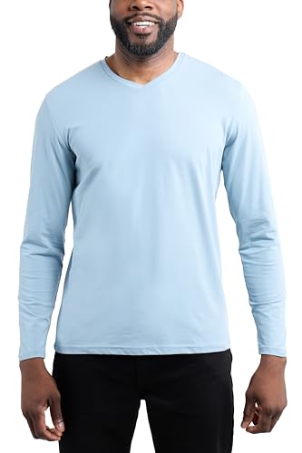 X RAY Mens Long Sleeve V-Neck T-Shirt, 95% Cotton Stretch Basic Slim Fitted V Neck T Shirts for Men, Slate Blue, Medium