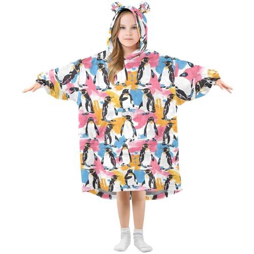 Manta de gran tamaño con capucha para niñas, diseño de pingüinos y amapolas, manta de forro polar suave y cálido, Multicolor, 150 Grande