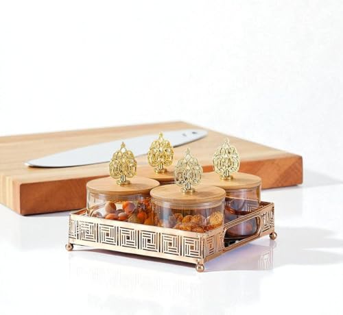 Image of Diwali 4 pcs Glass Dry Fruit Serving Tray Set | 600 ML Each, Premium Design, Air-Tight Lid, Metal Stand, Wooden Lid