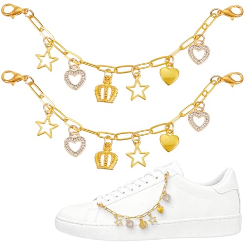 SOFPLATE 2 chaîne de Chaussures Dorée en Alliage de Laiton avec Strass Breloques en Forme D'Étoile de Cœur de Couronne avec Fermoir Mousqueton pour Baskets...