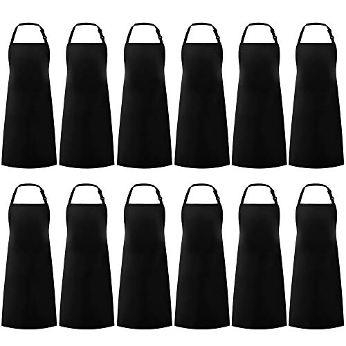 Syntus 12 Pack Adjustable Bib Apron Waterdrop Resistant Unisex Cooking Kitchen Aprons for BBQ Drawing Women Men Chef Black
