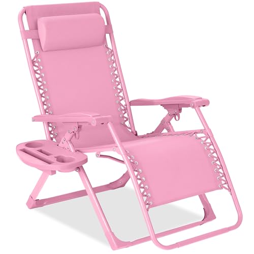 Best Choice Products Adjustable Zero Gravity Chair Monochromatic Color Folding Patio Recliner w/Side Tray Headrest - Carnation