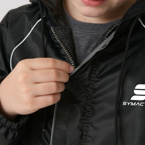 Image of Amazon Brand - Symactive Reversible Double Layered Standard Length Hooded Raincoat with Pants for Kids (Unisex) | Waterproof | Elastic Cuffs | Age 11-13 Years | Black