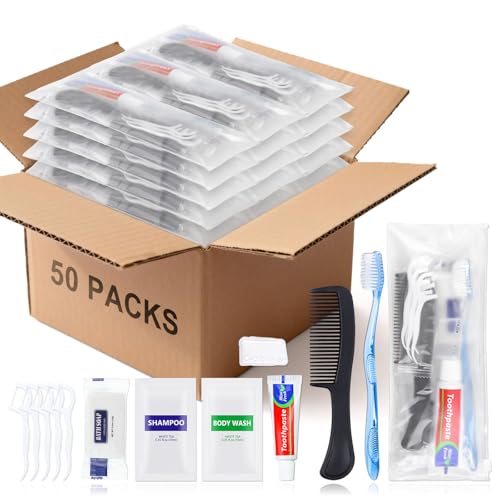 HQSLsund 50 Sets Bulk Hygiene Kits for Homeless Basic Toiletry Kit Homeless Supplies Bulk Disposable Toothbrushes with Toothpaste and Comb Individually Wrapped Bath Soap Shampoo Body Wash Floss Pick