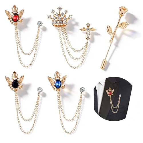 5PCS Mens Brooch Suit Pin Crystal Rhinestone Crown Hanging Chain Tassel Brooch with Stone Detailing Rose Floral Lapel Pins Stick Suit Tuxedo Accessory for Men