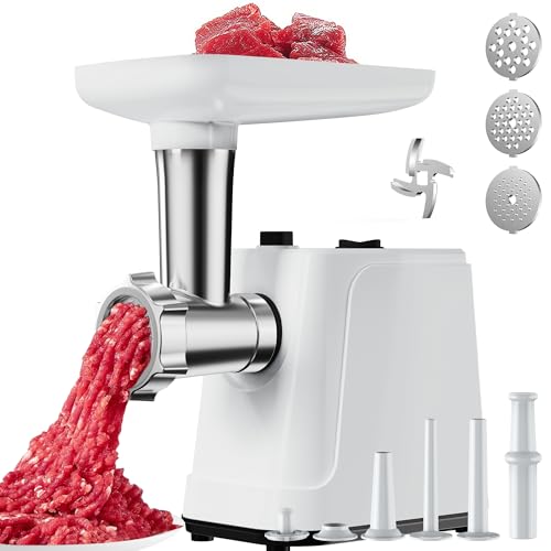 Image of 2500W Max Electric Meat Grinder & Sausage Stuffer - Heavy Duty Mincer Machine Anti-Slip with 1 Blade And 3 Plates, 3 Tubes & Kubbe Kit BPA Free for Home Kitchen Use (White)