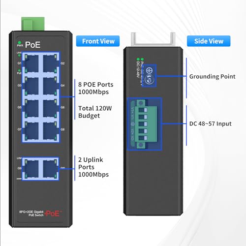 Image of Industrial 8-Port Full Gigabit POE+ Switch with Industrial DIN-Rail Power Supply, 2 Gigabit Uplink Port, Total 120W Budget, DIN-Rail POE Switch for IP Cameras, VoIP Phones, Wireless APs