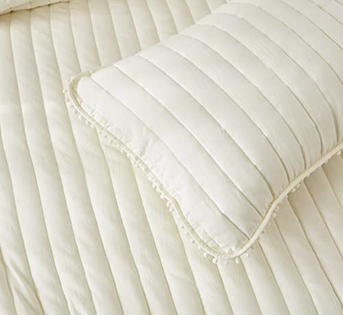Chezmoi Collection Iris 3-Piece Ivory Pom Pom Quilt Set - Ball Fringe Channel Stitch Quilted Bedspread, Washed Microfiber Coverlet, Queen Size #TOP3