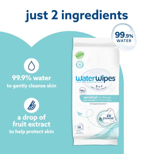 Image of WaterWipes Sensitive+ On The Go Wipes, 3-In-1 Cleans, Cares, Protects, 99.9% Water, Unscented & Hypoallergenic Wet Wipes, 224 Count (8 Packs)
