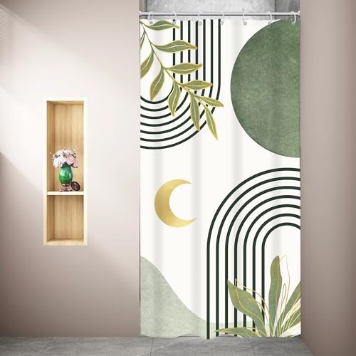 Image of Riyidecor Small Stall Sage Green Boho Shower Curtain RV Single Half Size Mid Century Abstract Modern Geometric Simple 36Wx72H Inch Arch Leaves Fabric Decor Bathroom Polyester Waterproof Hooks