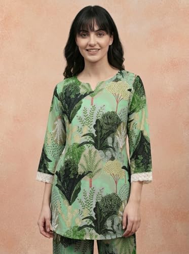 Image of Bee M Pee Designer Trendy Floral Printed Poly Rayon Cotton Kurta Coord Sets for Women | Stylish Casual Kurti Tunic Cord Set with Pant for Woman for Office