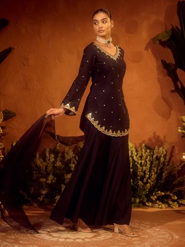 Image of FIORRA Women's Black Viscose Chanderi Embroidered Ethnic A-line Kurta Set with Dupatta